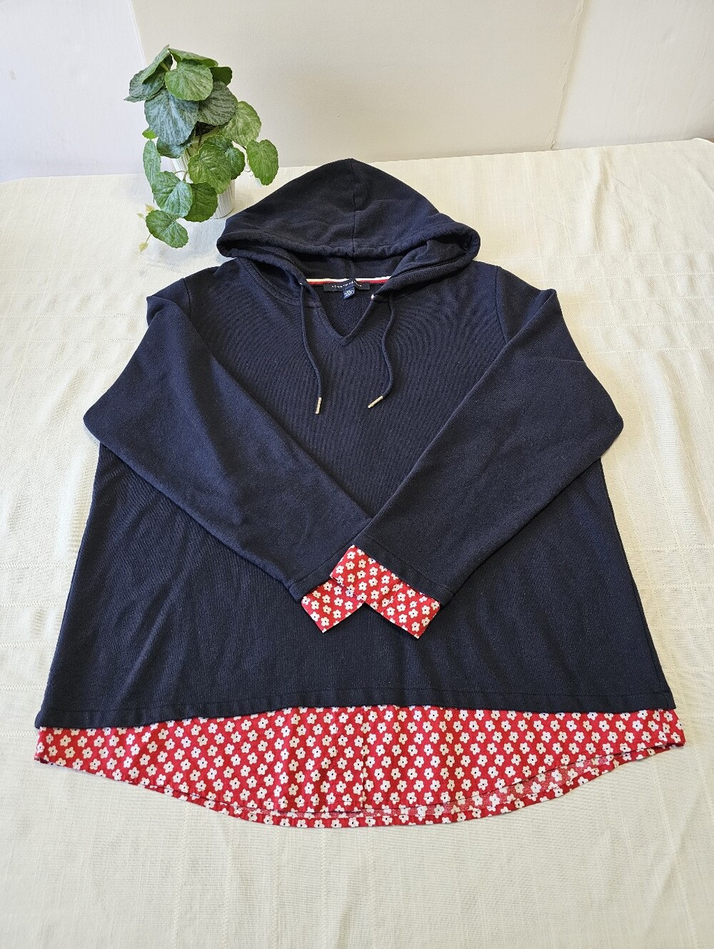 Tommy Hilfiger XXL Navy Floral Layered Look Hooded Pullover